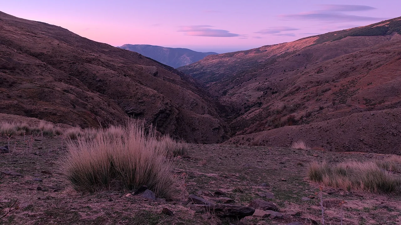 A wide mountain range at sunrise seen from a high ridge